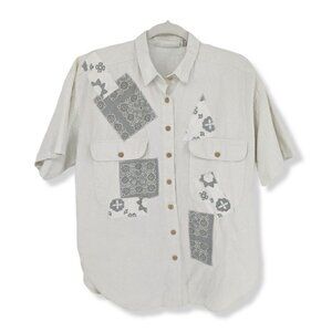 Red Rover Button Up Shirt Linen Cotton Blend Bandana Floral Patches Large L